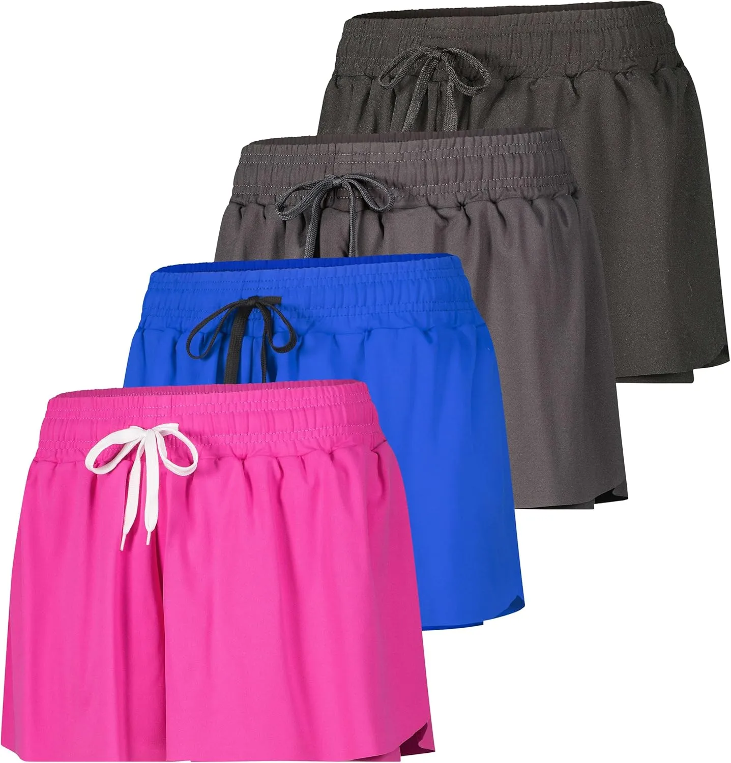 Real Essentials 4 Pack: Womens Flowy Dry Fit Running Short - Gym Yoga Workout Summer Shorts (Available in Plus Size)