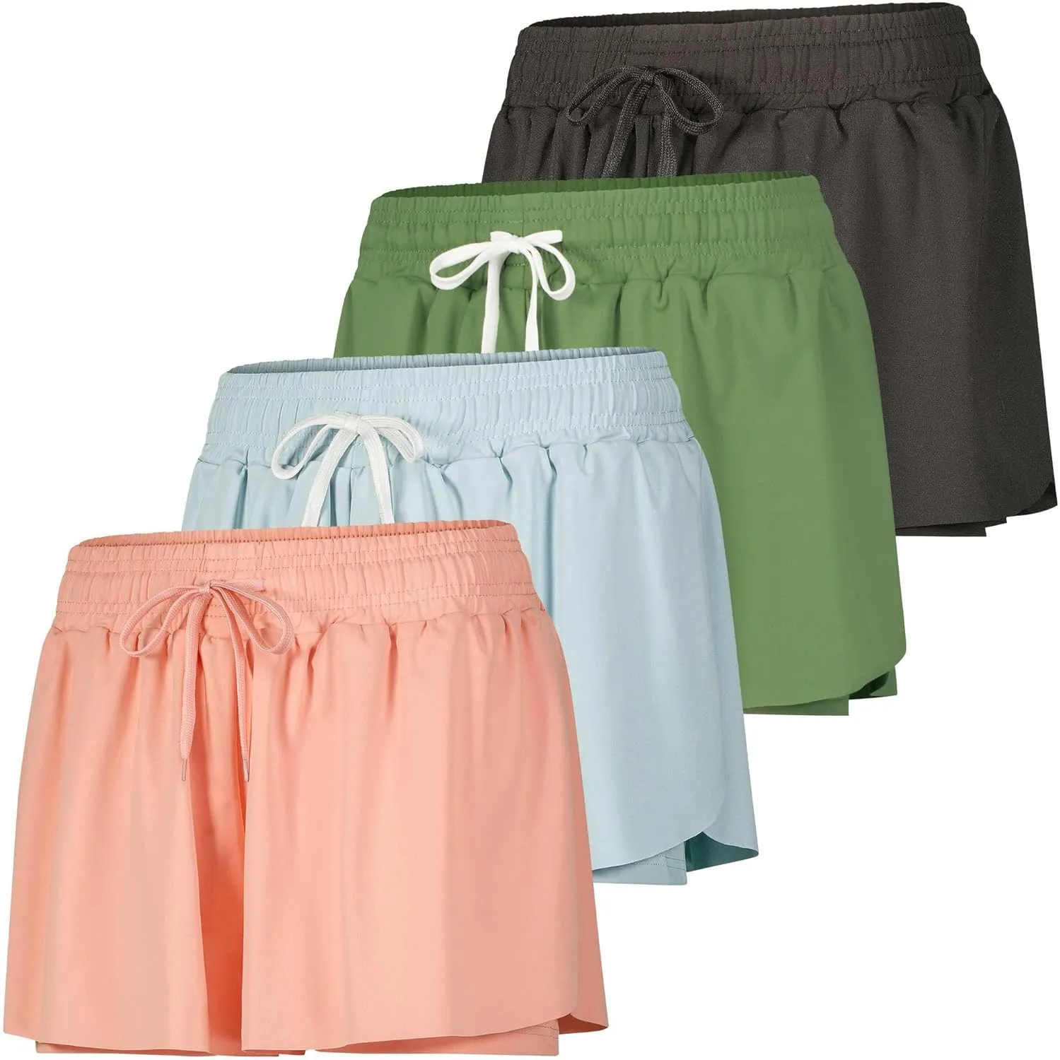 Real Essentials 4 Pack: Womens Flowy Dry Fit Running Short - Gym Yoga Workout Summer Shorts (Available in Plus Size)