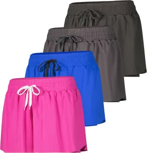 Real Essentials 4 Pack: Womens Flowy Dry Fit Running Short - Gym Yoga Workout Summer Shorts (Available in Plus Size)