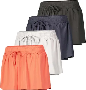 Real Essentials 4 Pack: Womens Flowy Dry Fit Running Short - Gym Yoga Workout Summer Shorts (Available in Plus Size)