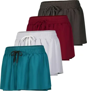 Real Essentials 4 Pack: Womens Flowy Dry Fit Running Short - Gym Yoga Workout Summer Shorts (Available in Plus Size)