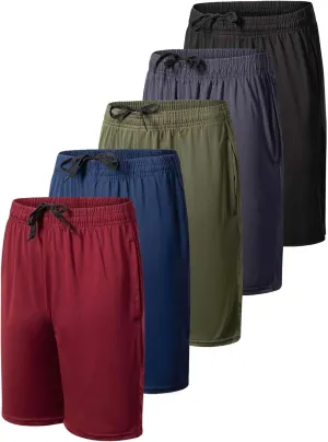 Real Essentials 5-Pack Youth Dry-Fit Active Athletic Basketball Gym Shorts with Pockets Boys & Girls
