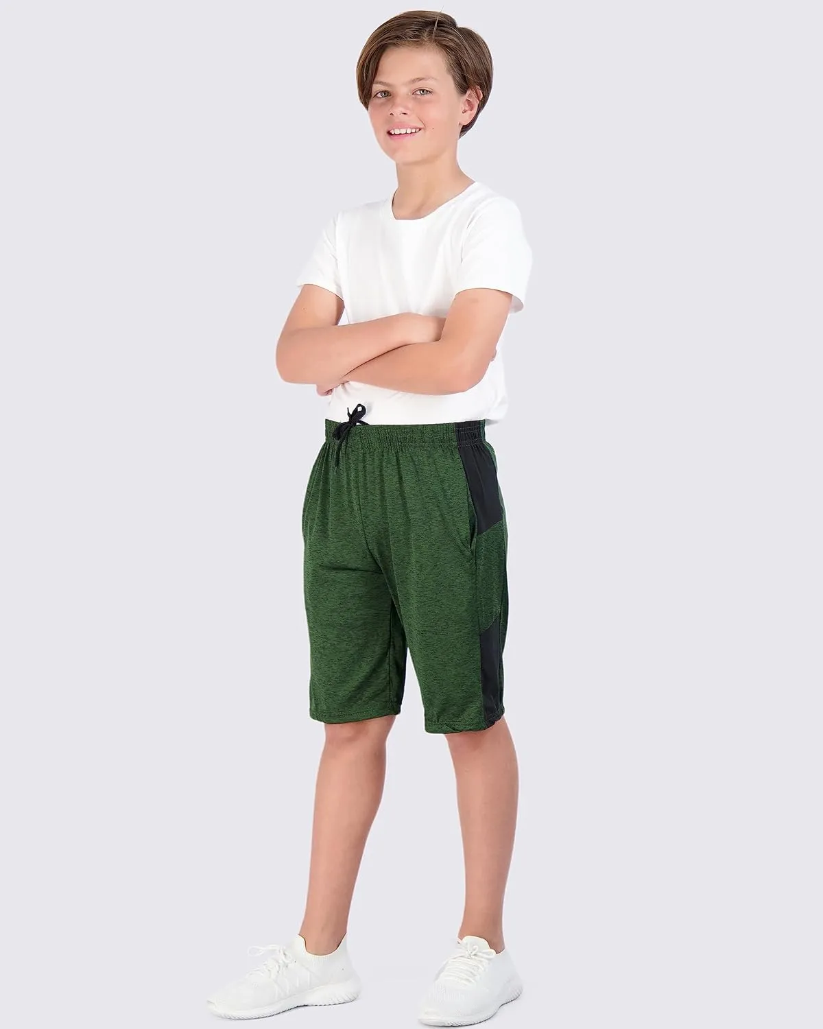 Real Essentials 5-Pack Youth Dry-Fit Active Athletic Basketball Gym Shorts with Pockets Boys & Girls