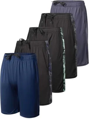 Real Essentials 5-Pack Youth Dry-Fit Active Athletic Basketball Gym Shorts with Pockets Boys & Girls