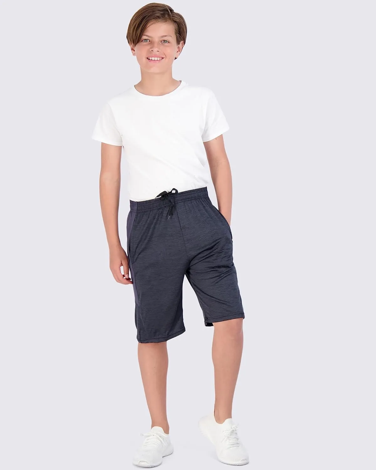 Real Essentials 5-Pack Youth Dry-Fit Active Athletic Basketball Gym Shorts with Pockets Boys & Girls