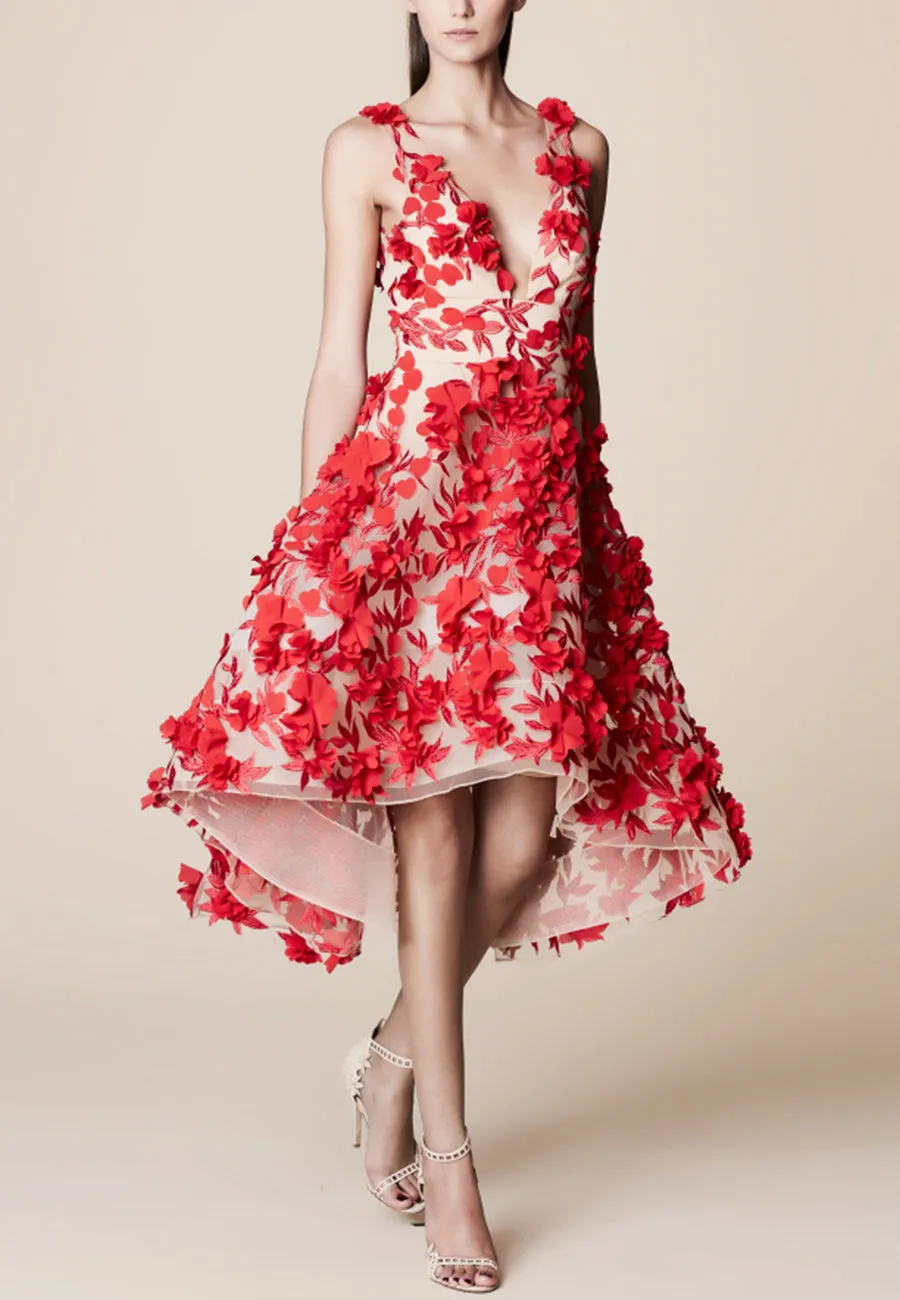 Red AppliquǸ Flowers Structured Tulle Midi Dress