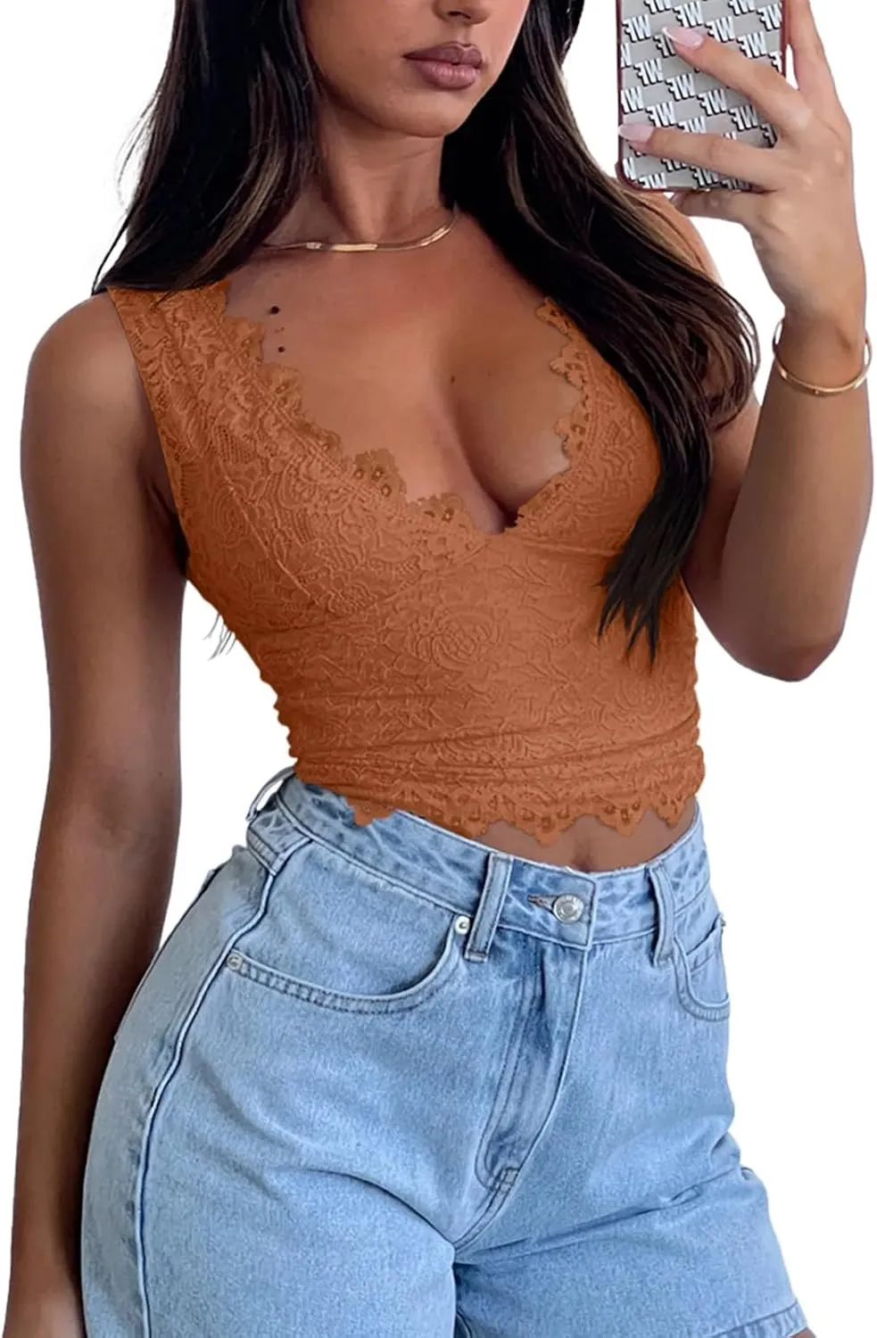 REORIA Womens Sexy V-Neck Sleeveless Double Lined Going Out Y2K Trendy Lace Cropped Tank Tops