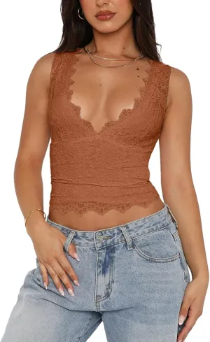 REORIA Womens Sexy V-Neck Sleeveless Double Lined Going Out Y2K Trendy Lace Cropped Tank Tops