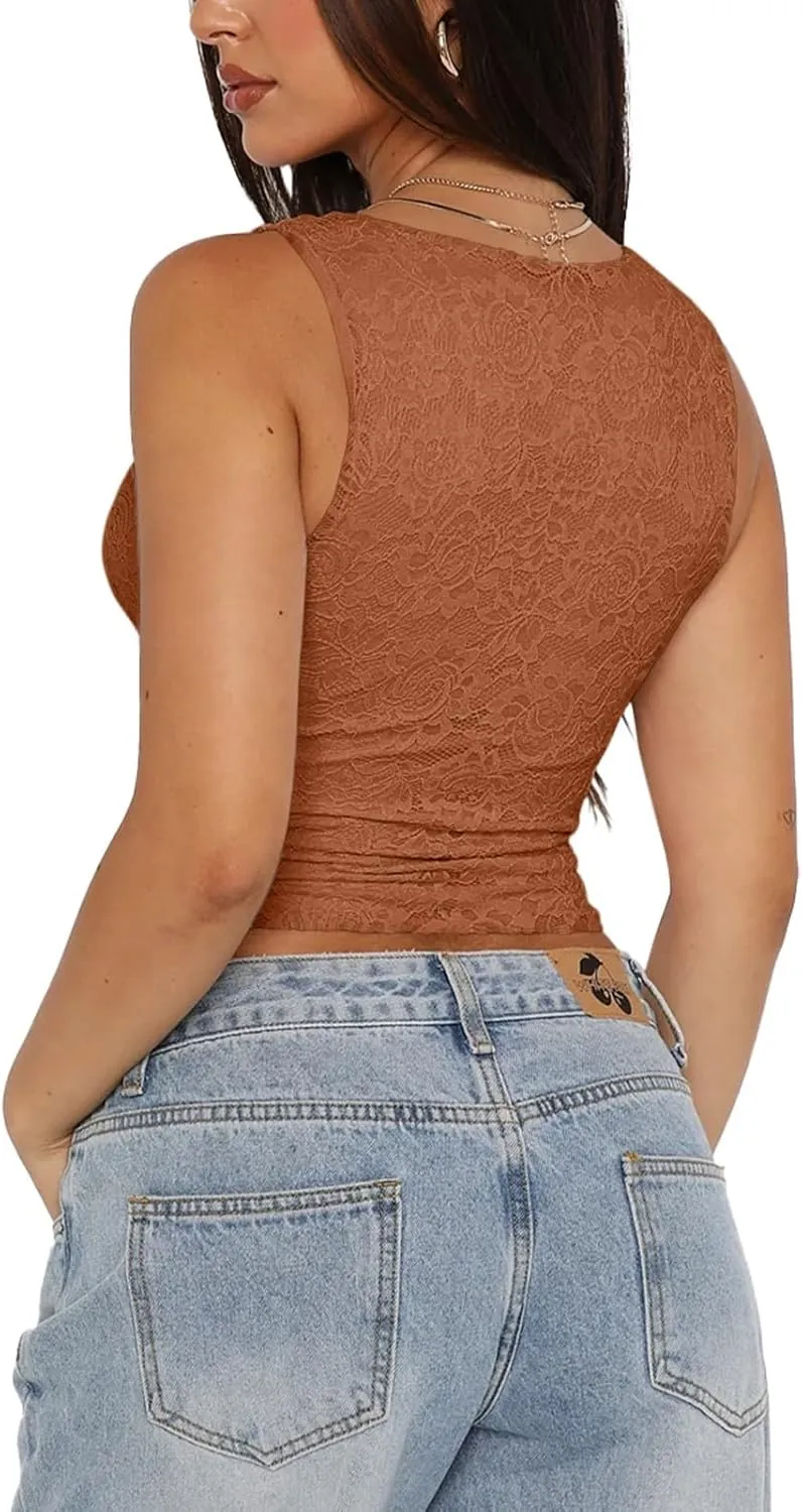 REORIA Womens Sexy V-Neck Sleeveless Double Lined Going Out Y2K Trendy Lace Cropped Tank Tops