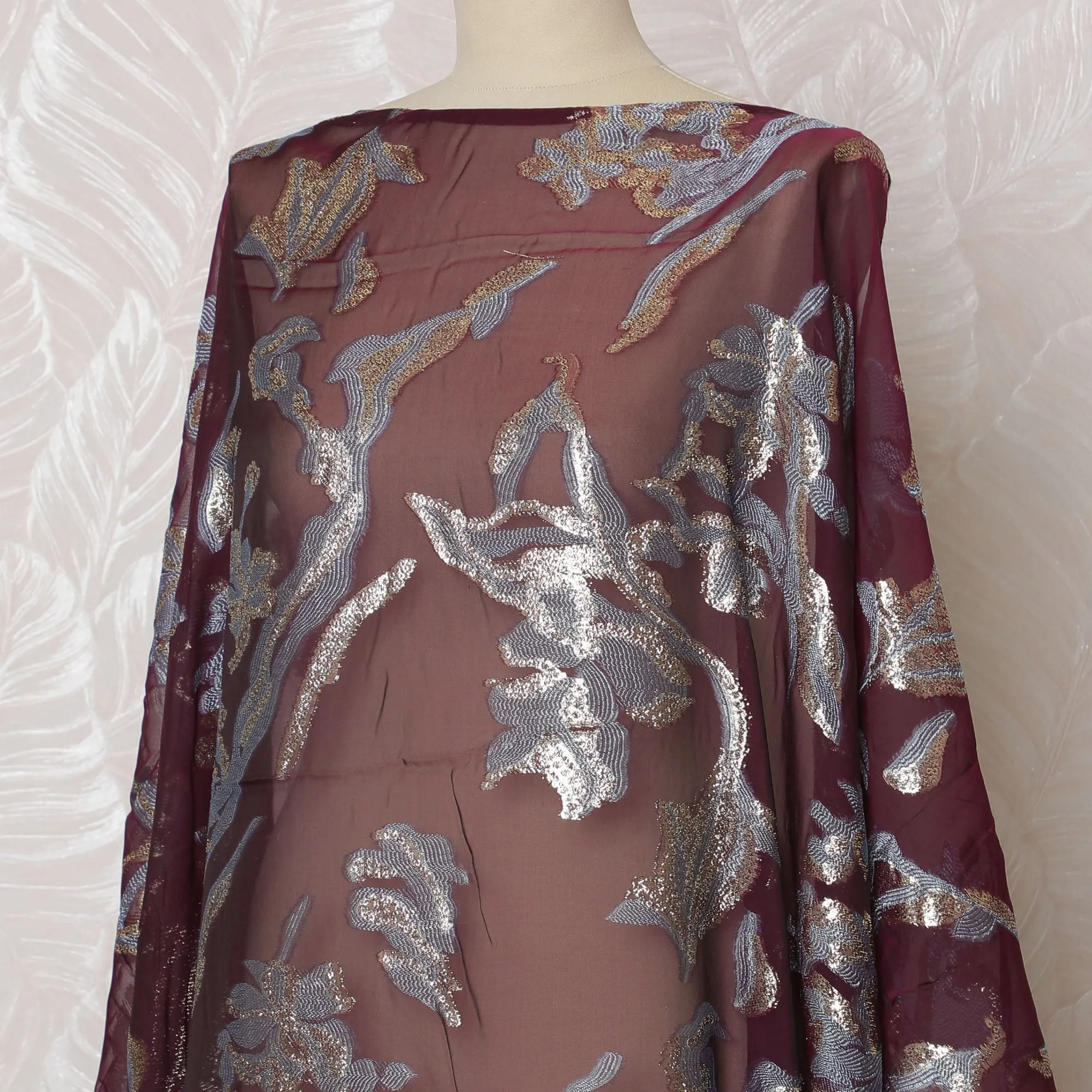 Rich Burgundy Floral French (Fransawi) Somali Dirac Silk Chiffon Fabric with Metallic Lurex, 140 cm Width-D19685