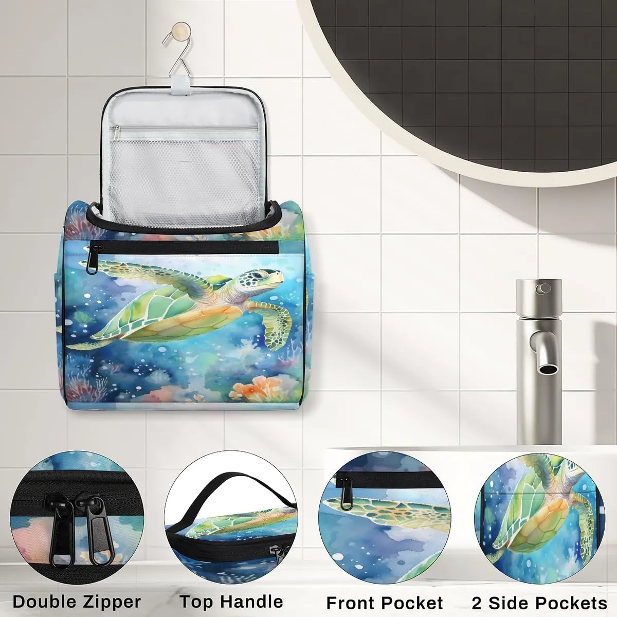 Sea Turtle Ocean Coastal Marine Animal Travel Toiletry Bag for Men and Women, Large Hanging Makeup Bag Organizer Toiletries Bag for Travel, Cosmetic Bag with Handle