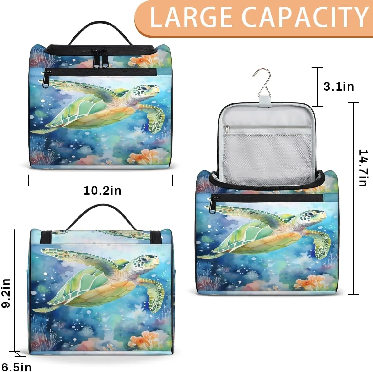 Sea Turtle Ocean Coastal Marine Animal Travel Toiletry Bag for Men and Women, Large Hanging Makeup Bag Organizer Toiletries Bag for Travel, Cosmetic Bag with Handle