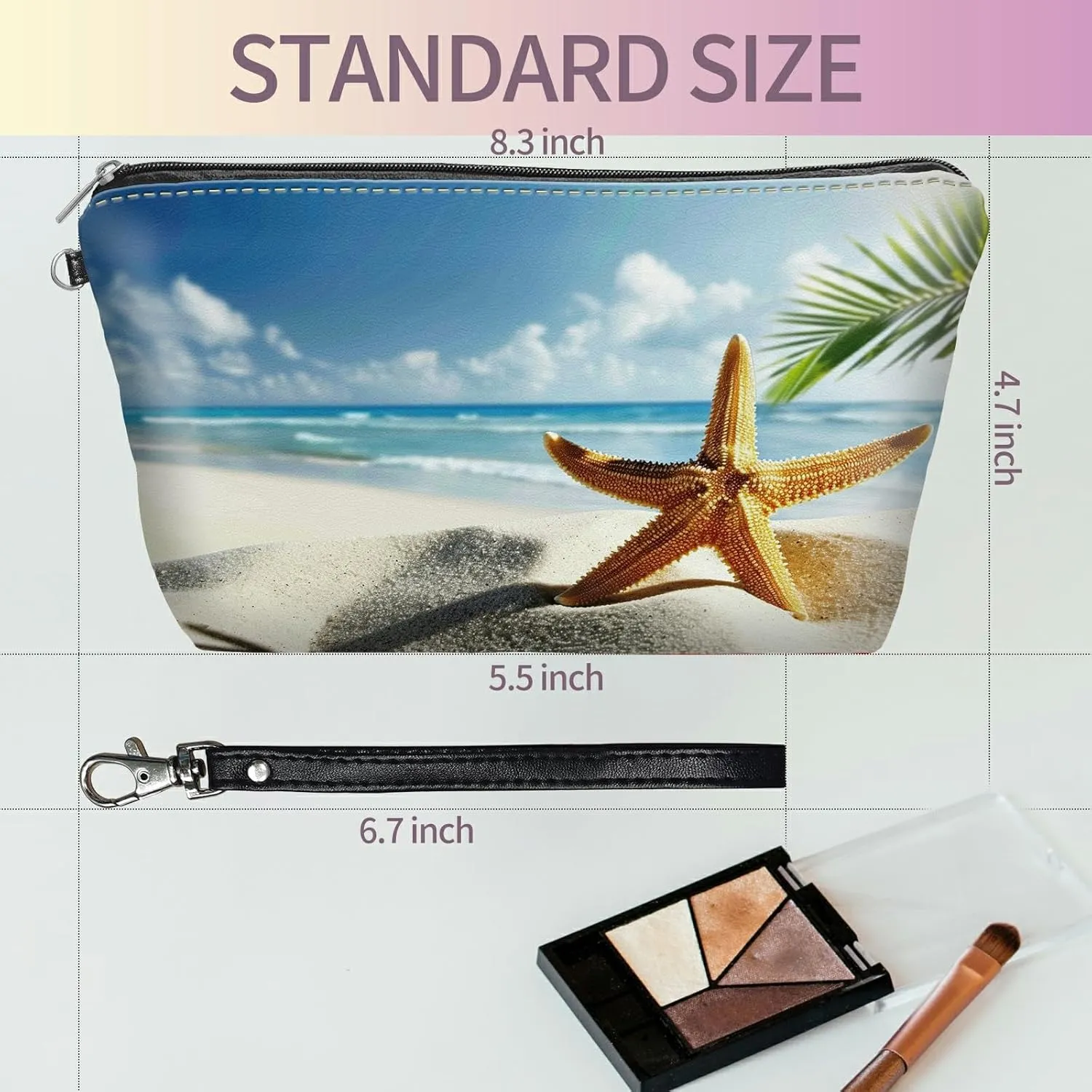Small Makeup Bag with Wrist Strap, Beach Coastal Starfish Cosmetic Bags Toiletry Organizer Bag Waterproof Makeup Pouch with Zipper Travel Accessories Stocking Stuffers Gift for Women