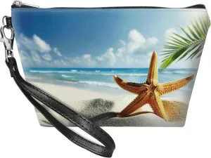 Small Makeup Bag with Wrist Strap, Beach Coastal Starfish Cosmetic Bags Toiletry Organizer Bag Waterproof Makeup Pouch with Zipper Travel Accessories Stocking Stuffers Gift for Women