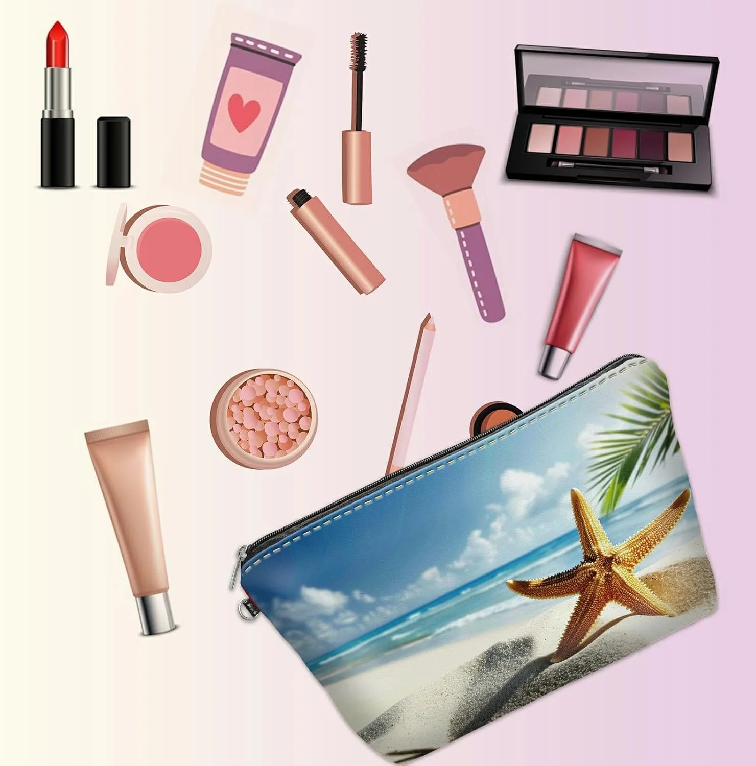 Small Makeup Bag with Wrist Strap, Beach Coastal Starfish Cosmetic Bags Toiletry Organizer Bag Waterproof Makeup Pouch with Zipper Travel Accessories Stocking Stuffers Gift for Women