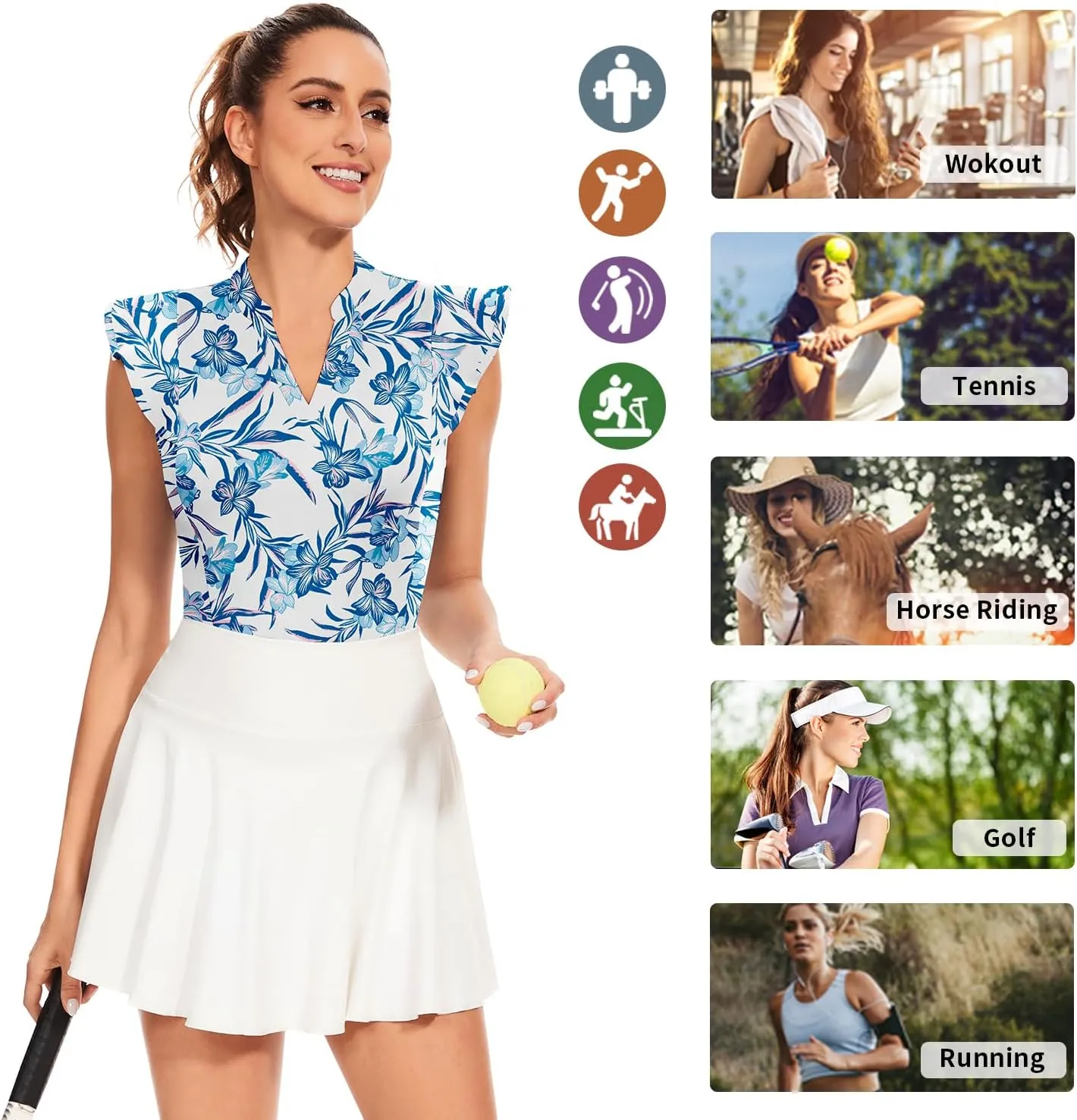 Soneven Womens Petal Sleeve Golf Shirts Moisture Wicking V Neck Athletic Workout Tennis Tops Quick Dry Golf Clothes