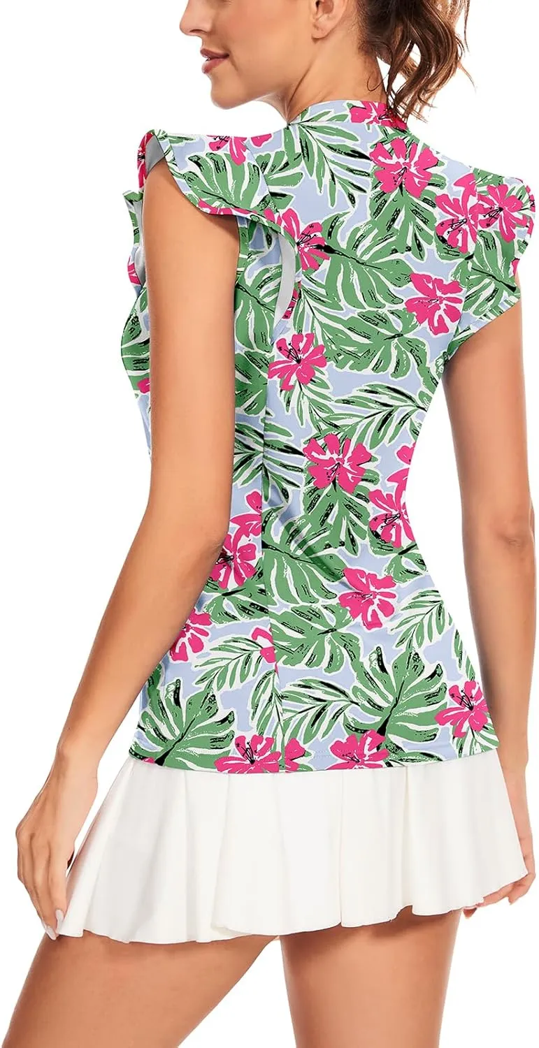 Soneven Womens Petal Sleeve Golf Shirts Moisture Wicking V Neck Athletic Workout Tennis Tops Quick Dry Golf Clothes