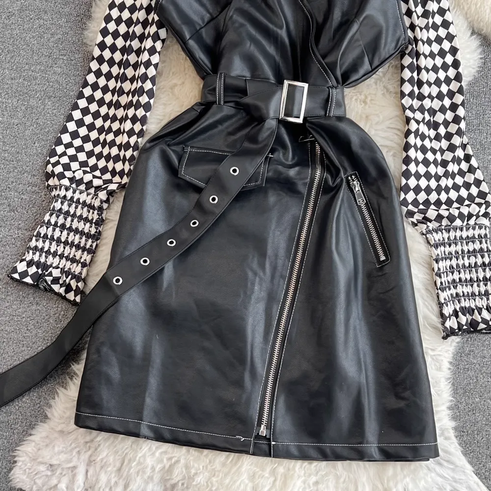 Spring and Autumn Two Pieces V Neck PU Leather Suspender Dress 1402