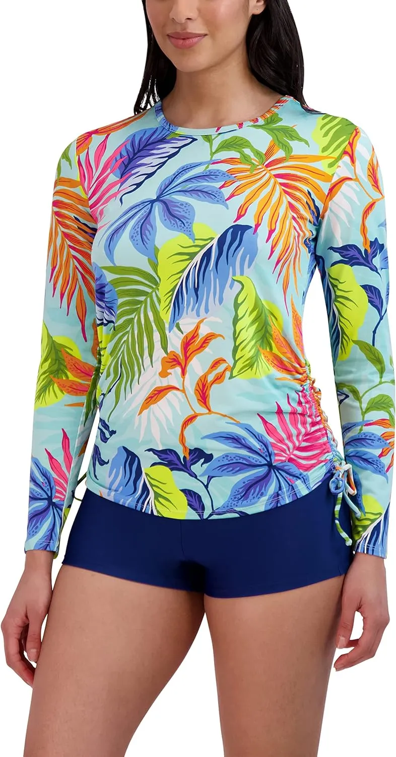 Stella Parker Women's Standard Long Sleeve Rashguard Adjustable Side Tie UPF 30  Sun Protection Quick Dry Swim Shirt