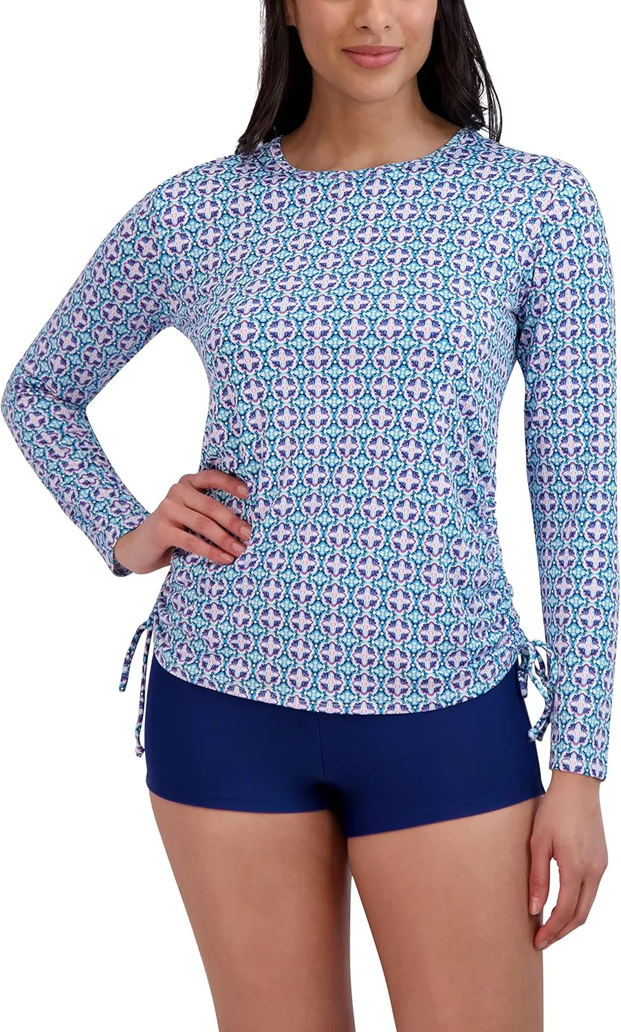 Stella Parker Women's Standard Long Sleeve Rashguard Adjustable Side Tie UPF 30  Sun Protection Quick Dry Swim Shirt