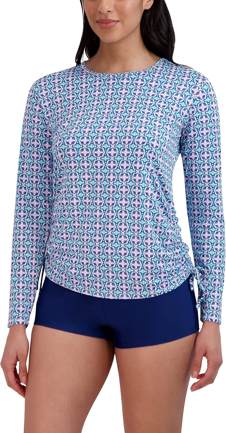 Stella Parker Women's Standard Long Sleeve Rashguard Adjustable Side Tie UPF 30  Sun Protection Quick Dry Swim Shirt