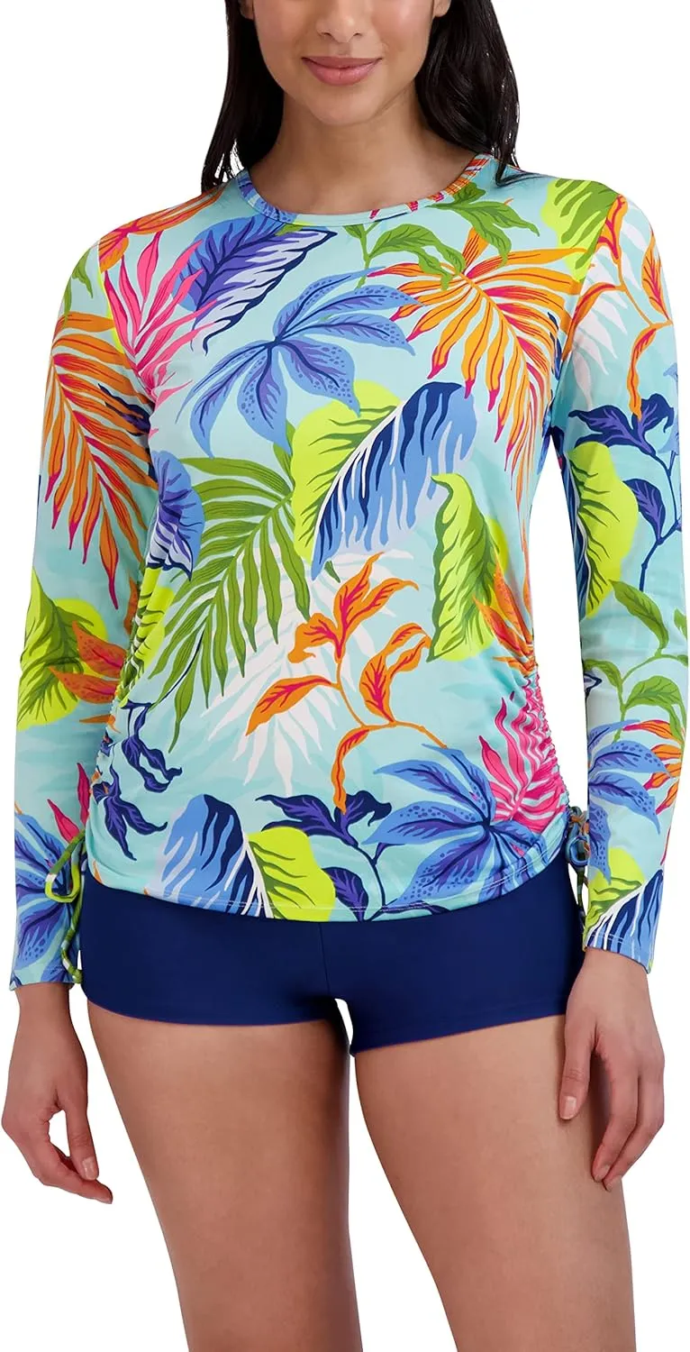 Stella Parker Women's Standard Long Sleeve Rashguard Adjustable Side Tie UPF 30  Sun Protection Quick Dry Swim Shirt