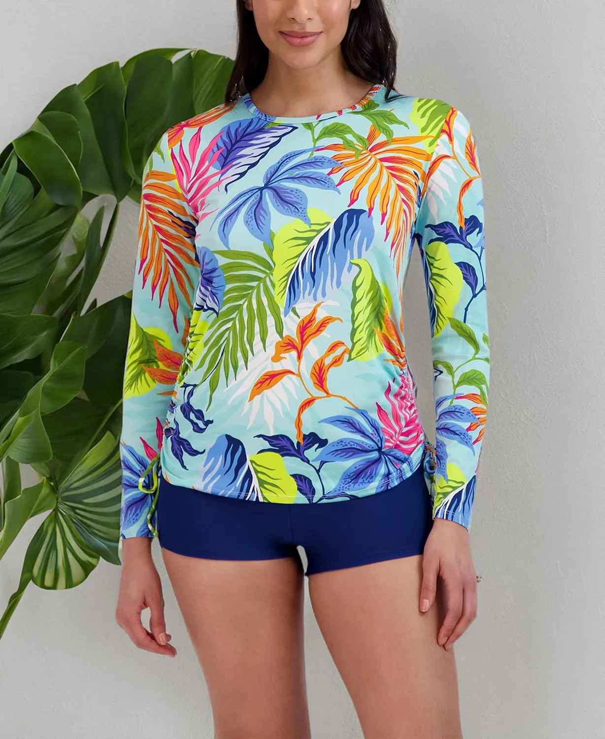 Stella Parker Women's Standard Long Sleeve Rashguard Adjustable Side Tie UPF 30  Sun Protection Quick Dry Swim Shirt