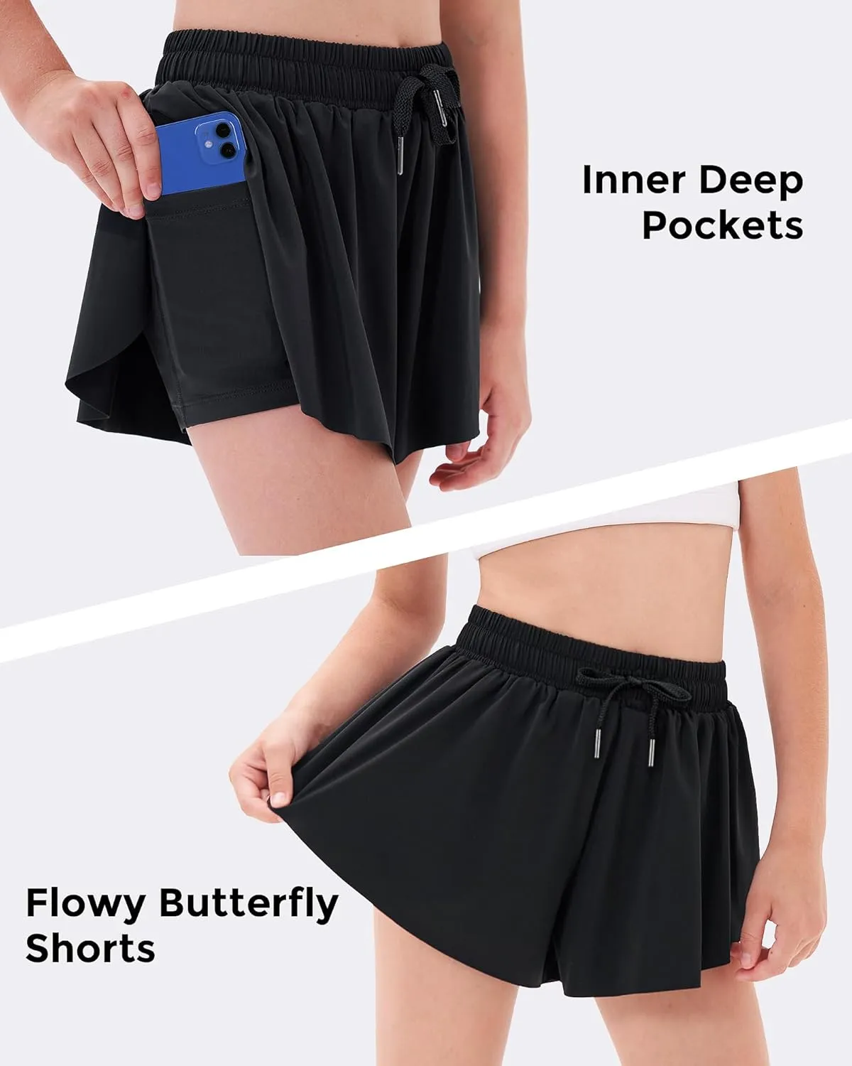 Stelle Girls Flowy Shorts with Pockets Athletic Running Skirt High Waist Butterfly 2 in 1 Sports Short 5-16 Years