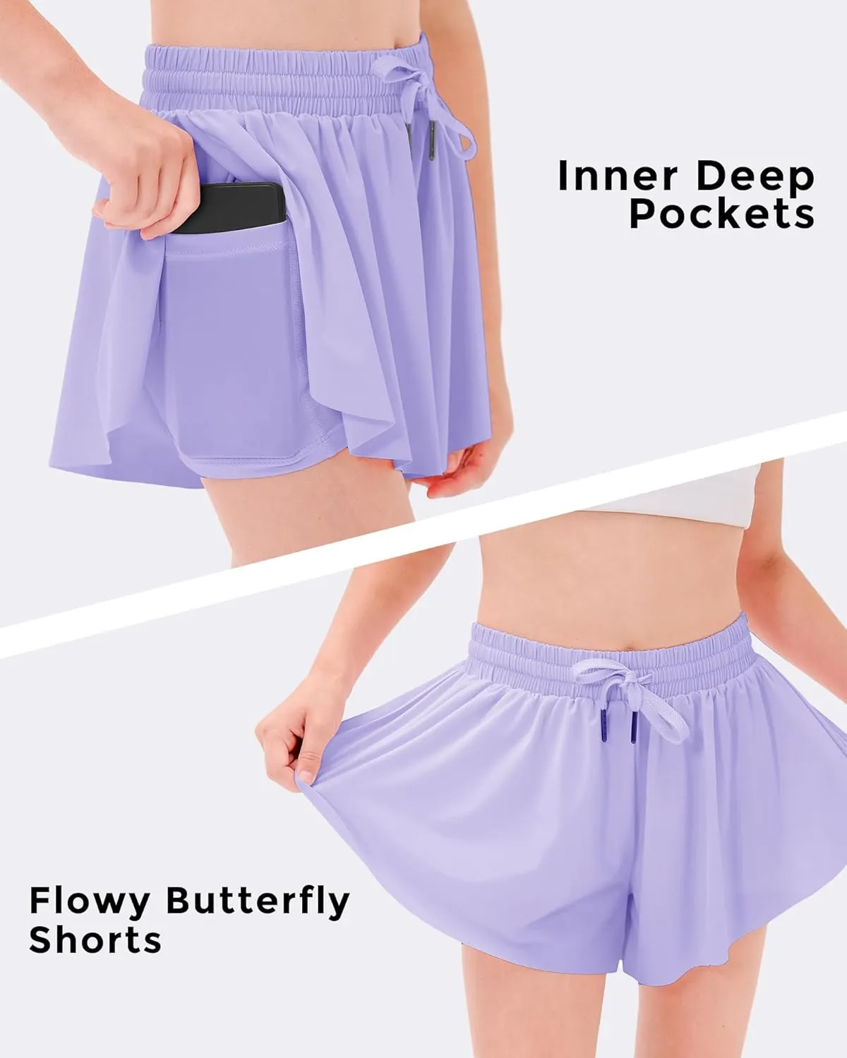 Stelle Girls Flowy Shorts with Pockets Athletic Running Skirt High Waist Butterfly 2 in 1 Sports Short 5-16 Years
