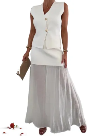 Stylish and Elegant Knit Spliced Tulle Elastic Waist Pleated Maxi Skirt,V-Neck Knitted Spliced Pleated Long Skirt Suit