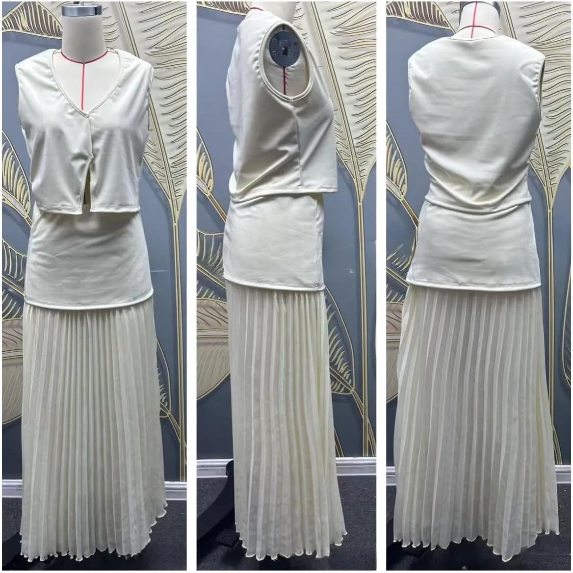 Stylish and Elegant Knit Spliced Tulle Elastic Waist Pleated Maxi Skirt,V-Neck Knitted Spliced Pleated Long Skirt Suit