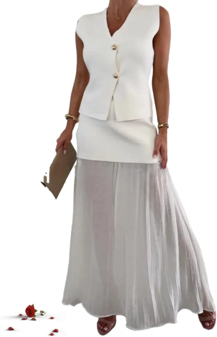 Stylish and Elegant Knit Spliced Tulle Elastic Waist Pleated Maxi Skirt,V-Neck Knitted Spliced Pleated Long Skirt Suit