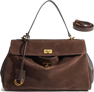 Suede Tote Bag for Women,Slouchy Hobo shoulder handbag Faux Suede with Genuine Cowhide (suede B-coffee)