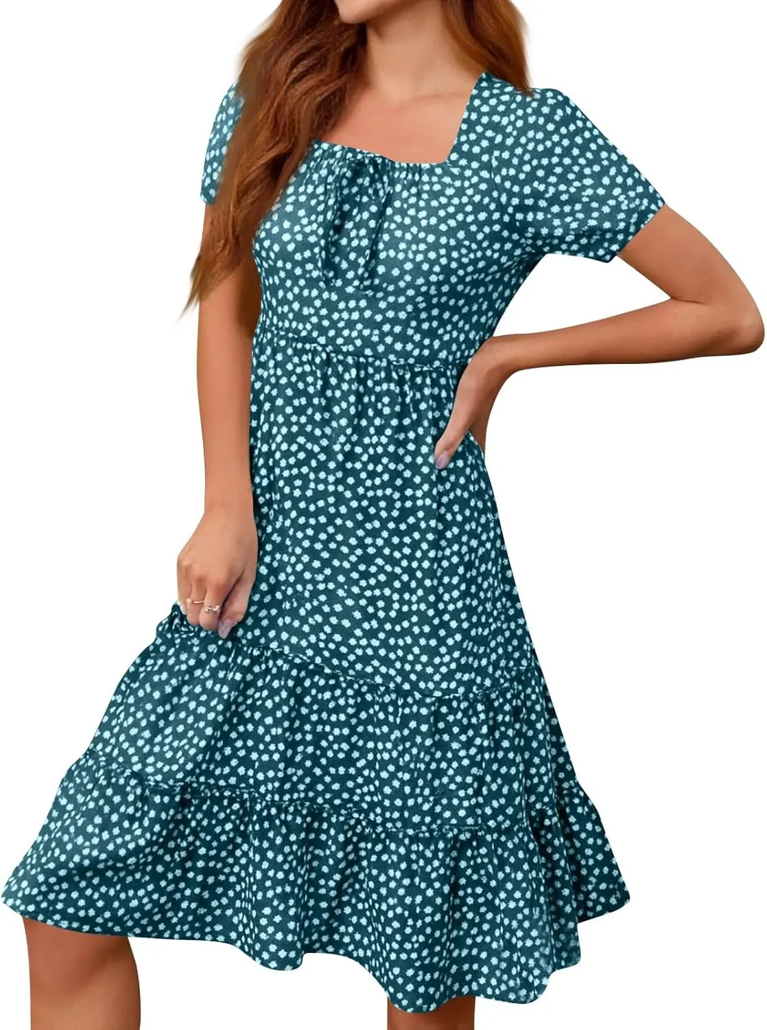 Summer Dresses for Women 2025 Square Neck Tiered Casual Floral Short Sleeve A-Line Flowy Dress Beach Boho Sundress