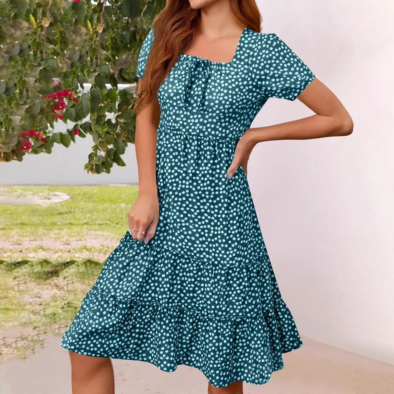 Summer Dresses for Women 2025 Square Neck Tiered Casual Floral Short Sleeve A-Line Flowy Dress Beach Boho Sundress