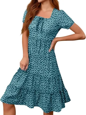 Summer Dresses for Women 2025 Square Neck Tiered Casual Floral Short Sleeve A-Line Flowy Dress Beach Boho Sundress