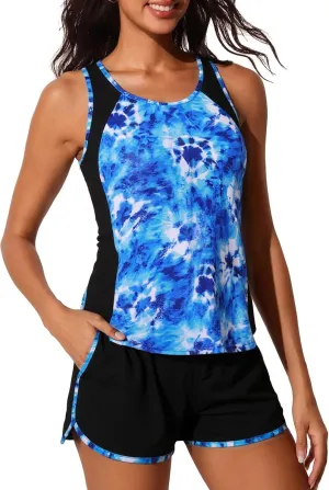 Summer Mae Blouson Tankini Swimsuits for Women 2025 Tummy Control Two Piece Bathing Suits with Sporty Pockets Swim Shorts