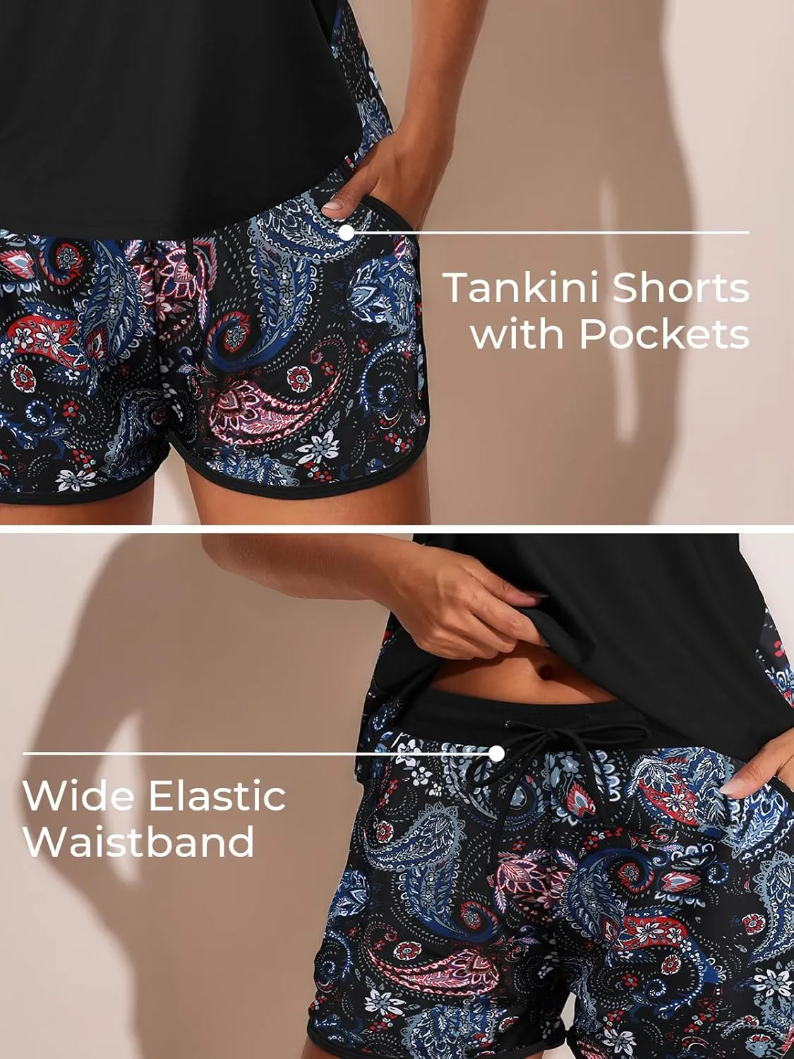 Summer Mae Blouson Tankini Swimsuits for Women 2025 Tummy Control Two Piece Bathing Suits with Sporty Pockets Swim Shorts