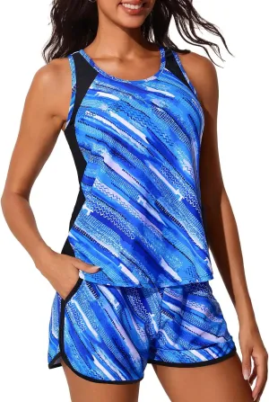 Summer Mae Blouson Tankini Swimsuits for Women 2025 Tummy Control Two Piece Bathing Suits with Sporty Pockets Swim Shorts