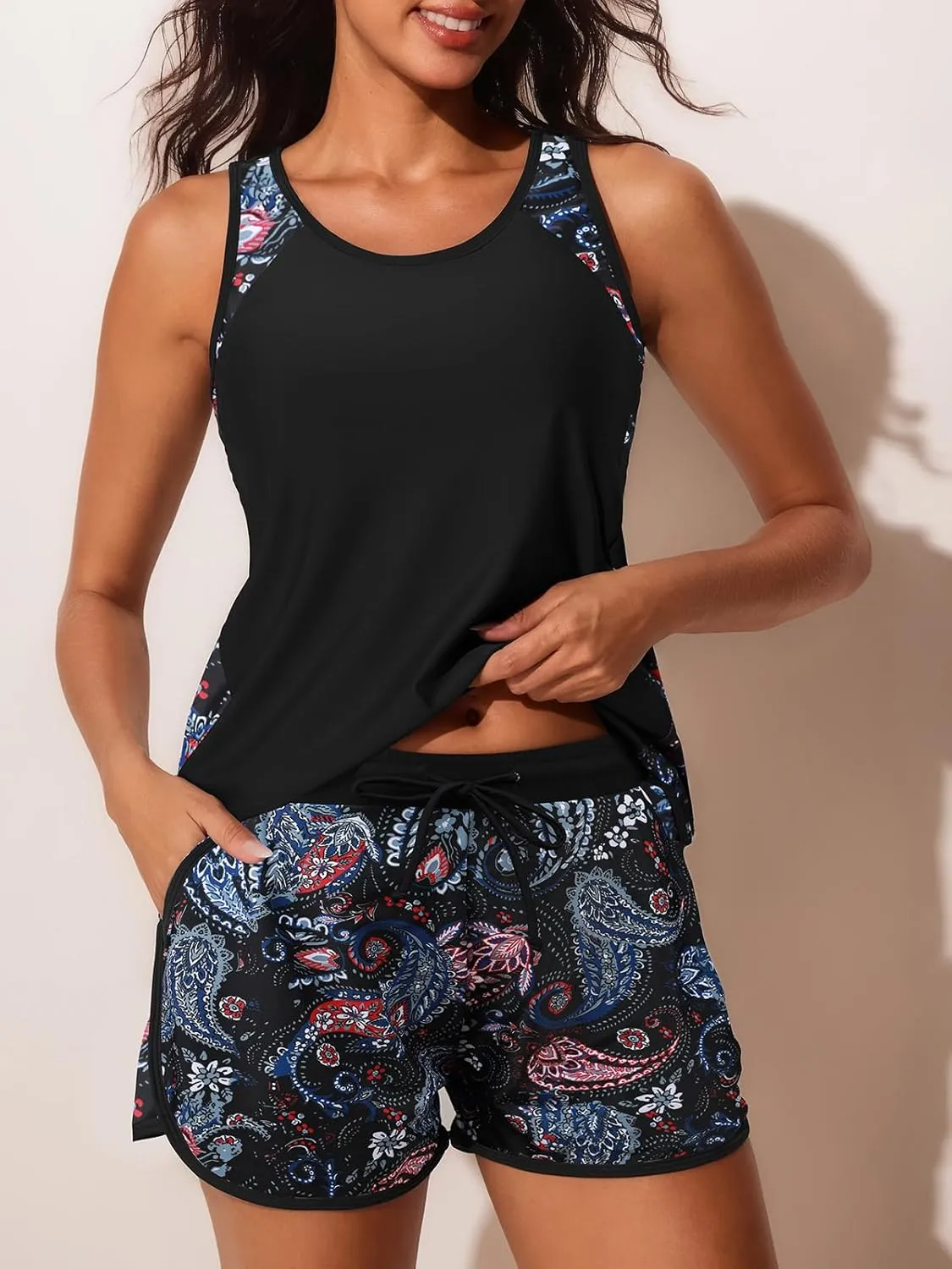 Summer Mae Blouson Tankini Swimsuits for Women 2025 Tummy Control Two Piece Bathing Suits with Sporty Pockets Swim Shorts