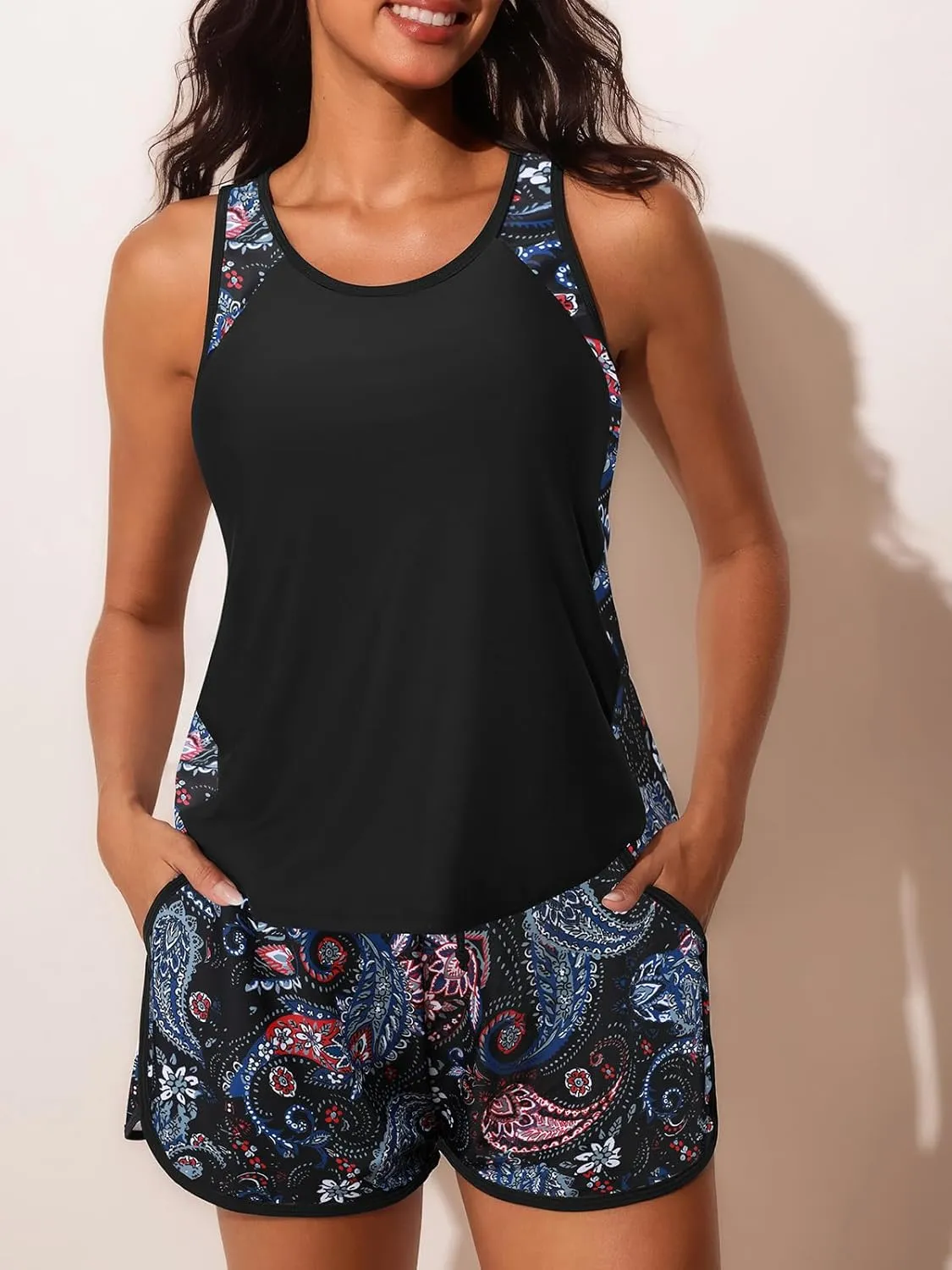Summer Mae Blouson Tankini Swimsuits for Women 2025 Tummy Control Two Piece Bathing Suits with Sporty Pockets Swim Shorts