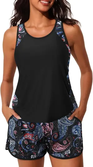 Summer Mae Blouson Tankini Swimsuits for Women 2025 Tummy Control Two Piece Bathing Suits with Sporty Pockets Swim Shorts