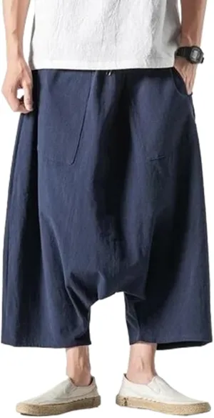 Summer Men Plus Size Casual Harem Pants Vintage Loose Cotton Linen Wide Leg Pants Male Elastic Waist Trousers