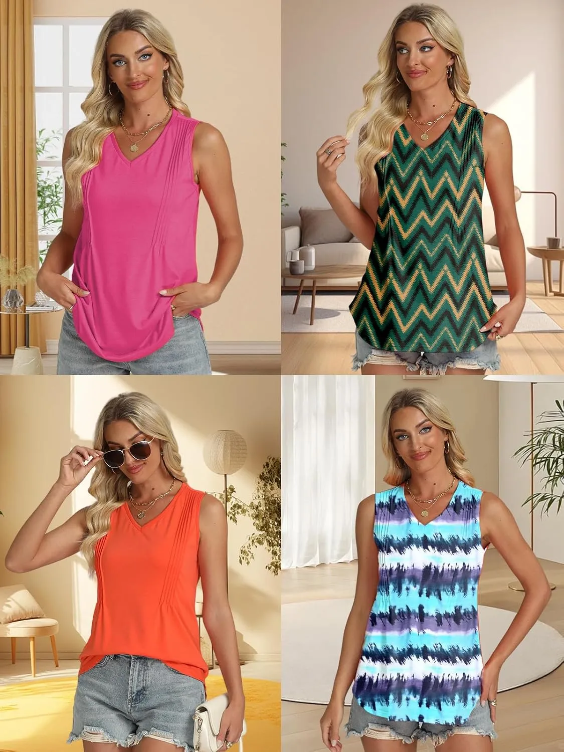 Tank-Tops-for-Women 2025 Summer Pleated Sleeveless Casual Loose Fit V Neck Tunics Dressy Flowy Shirts