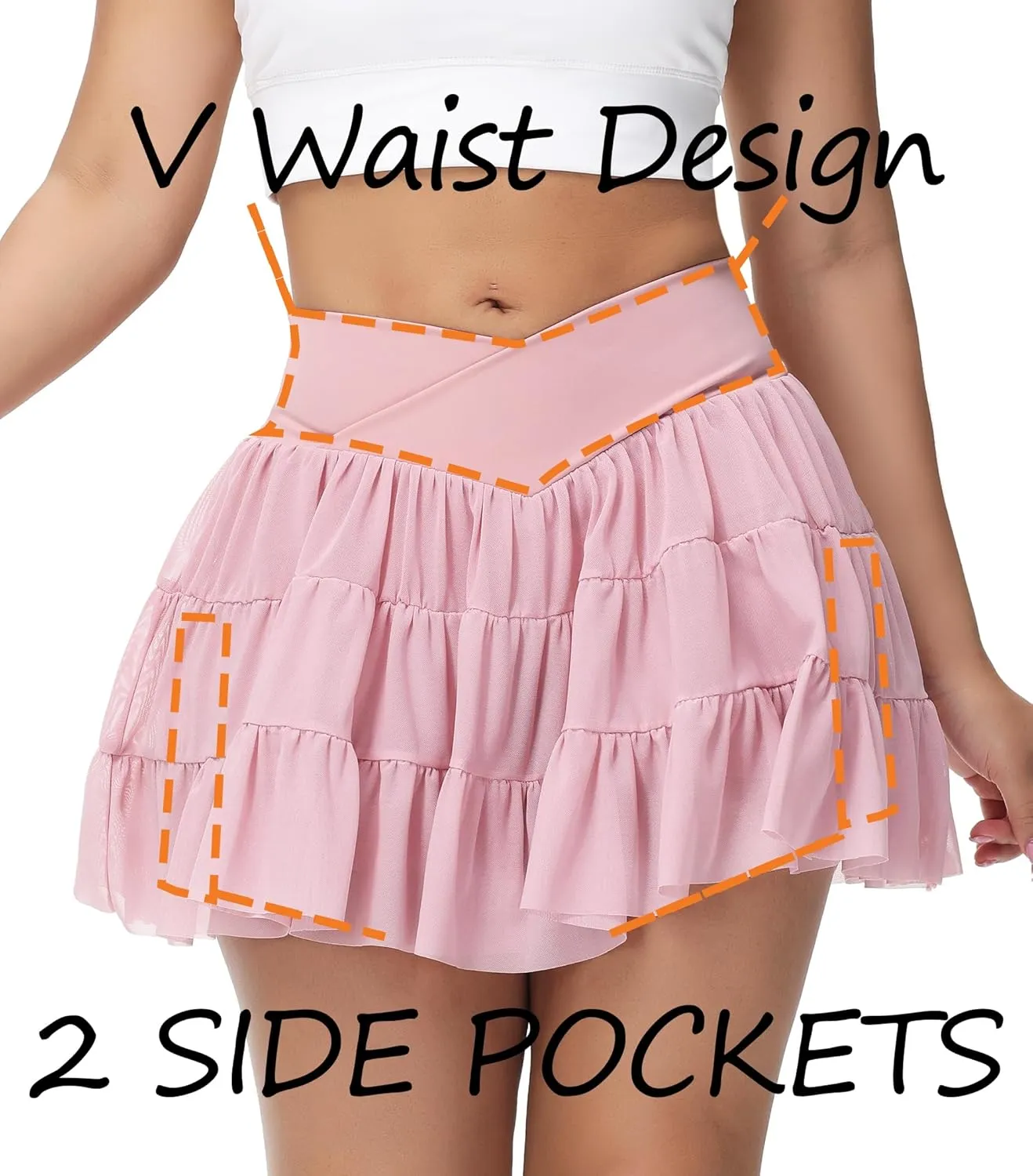 Tennis Skirt with Shorts V-Waist Flowy Pleated Ruffle Skirts Dance Golf Running Athletic Skorts