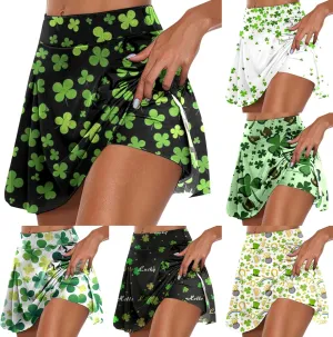 Tennis Skirts for Women St Patricks Day Print Shamrock Athletic Skort with Shorts High Waist Tummy Control Yoga Skirt