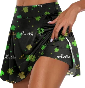 Tennis Skirts for Women St Patricks Day Print Shamrock Athletic Skort with Shorts High Waist Tummy Control Yoga Skirt