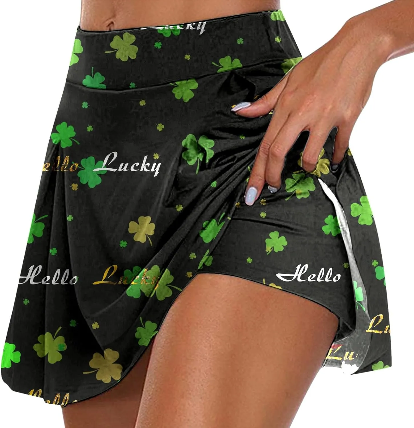 Tennis Skirts for Women St Patricks Day Print Shamrock Athletic Skort with Shorts High Waist Tummy Control Yoga Skirt