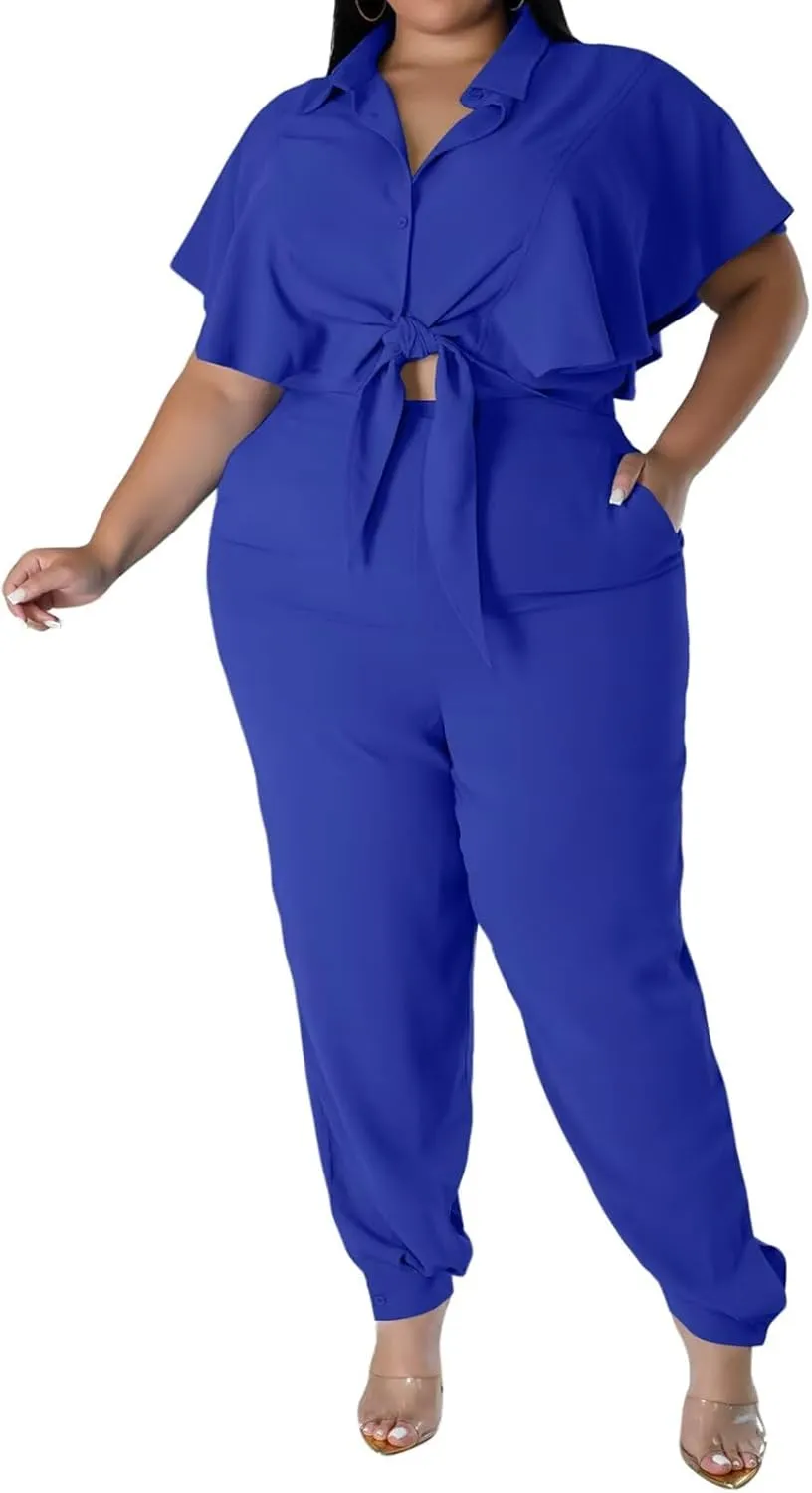 ThusFar Women Plus Size 2 Piece Outfits Sleeveless Ruffle Crop Top Casual Tracksuits Bodycon Pocket Lounge Matching Set