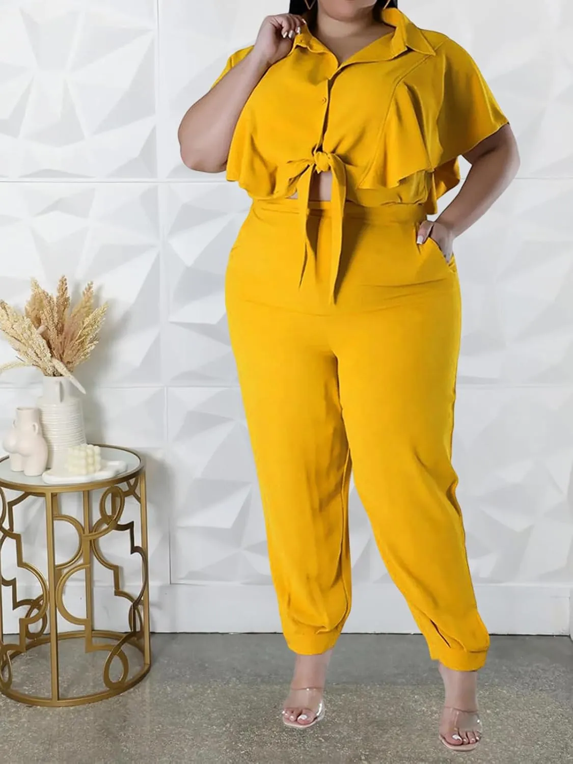 ThusFar Women Plus Size 2 Piece Outfits Sleeveless Ruffle Crop Top Casual Tracksuits Bodycon Pocket Lounge Matching Set